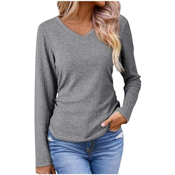 Lmnyox Long Sleeve V Neck Shirt for Women Fall Winter Casual Solid T Shirts Fashion Trendy Pullover Tee