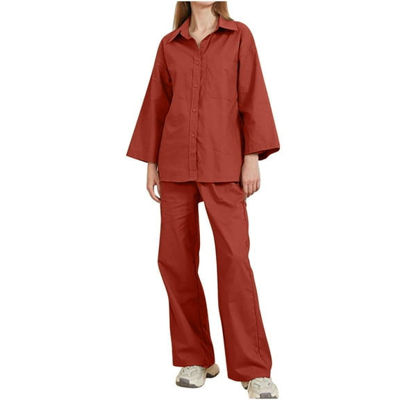 Lmnyox Lounge Set For Women Fashion 2 Piece Outfits Vintage Long Sleeve Button Down Shirt and Pants Set Trendy Streetwear