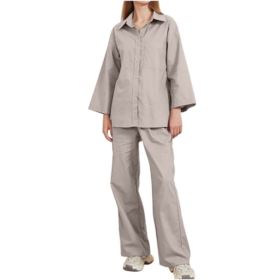 Lmnyox Lounge Set For Women Fashion 2 Piece Outfits Vintage Long Sleeve Button Down Shirt and Pants Set Trendy Streetwear
