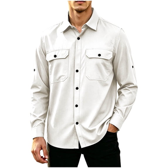 Lmnyox Men's Cargo Shirts Classic Button Up Long Sleeve Collared Tops Casual Solid Color Shirts with Pockets