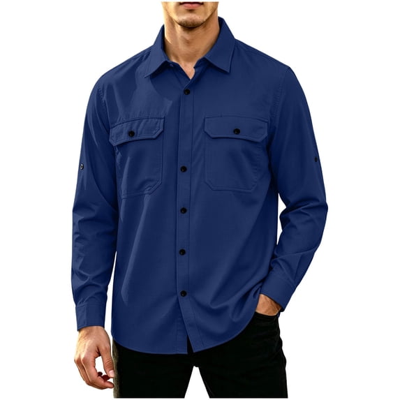 Lmnyox Men's Cargo Shirts Classic Button Up Long Sleeve Collared Tops Casual Solid Color Shirts with Pockets