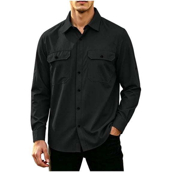 Lmnyox Men's Cargo Shirts Classic Button Up Long Sleeve Collared Tops Casual Solid Color Shirts with Pockets