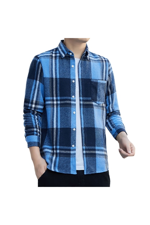 Men's Long Sleeve Flannel Shirt Plaid Print Button Down Collared Shirts Fall Winter Casual Shirt with Pocket