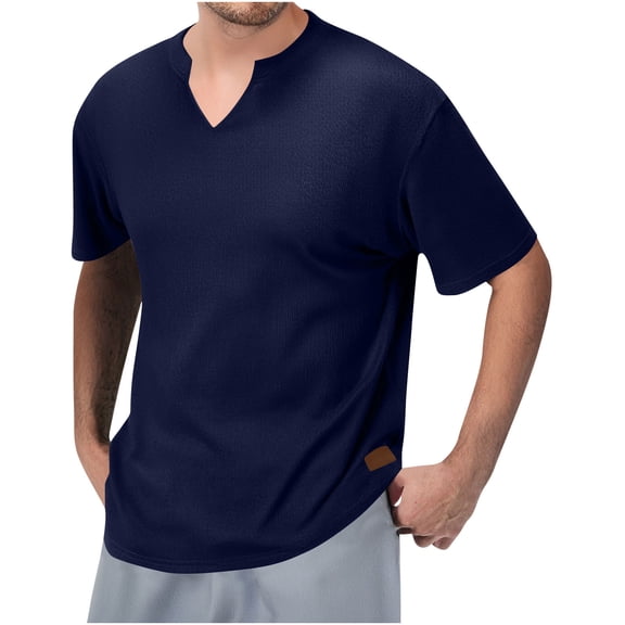 Lmnyox Men's Short Sleeve Shirt Solid Color Casual Basic Summer T Shirt Ribbed V Neck Loose Tees Tops