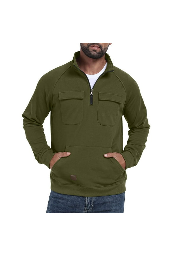 Men's Sweatshirt Classic Vintage Half Zip Collared Pullover Shirts with Pocket Solid Stand Collar Tops