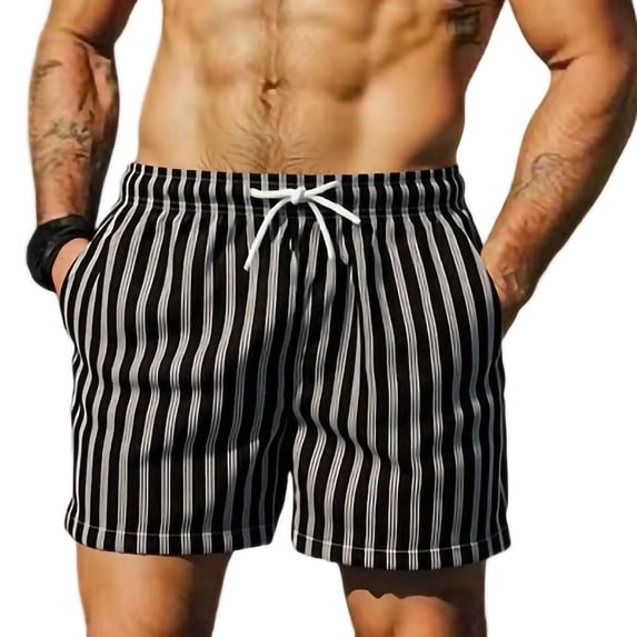 Lmnyox Mens Quick Dry Beach Shorts Vintage Casual Striped Shorts Lightweight Elastic Waist Drawstring Summer Shorts