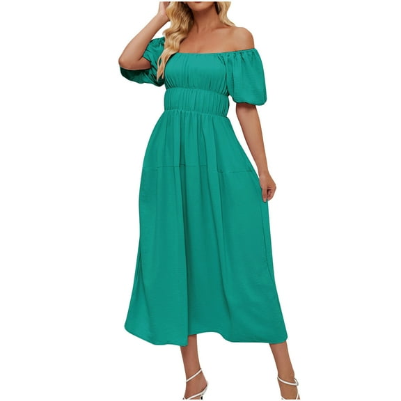 Lmnyox Off Shoulder Maxi Dress for Women Casual Puff Short Sleeve Dress Flowy Cocktail Party Dress