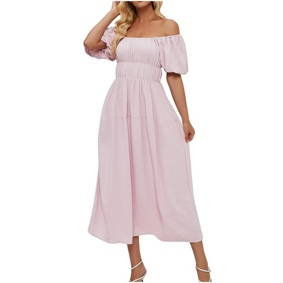 Lmnyox Off Shoulder Maxi Dress for Women Casual Puff Short Sleeve Dress Flowy Cocktail Party Dress