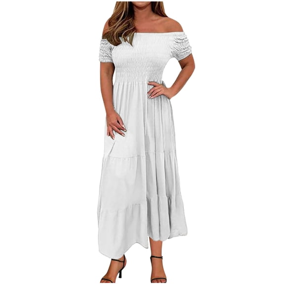 Lmnyox Off Shoulder Maxi Dress for Women Ruffle Short Sleeve Long Dress Summer Lightweight Sundress