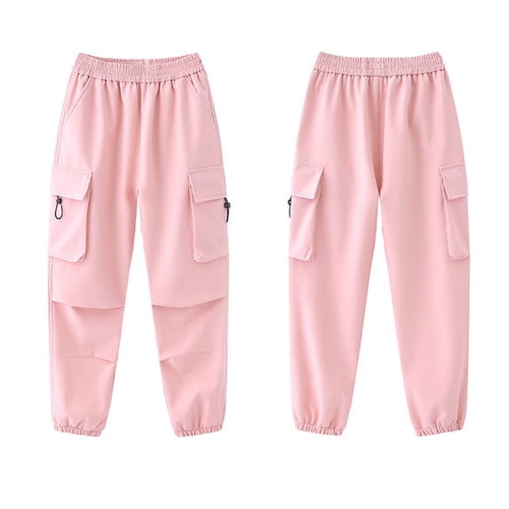 Lmnyox Pants for Girls Waterproof Elastic Waist Cuffed Cargo Pants Casual Solid Color Trousers with Pockets