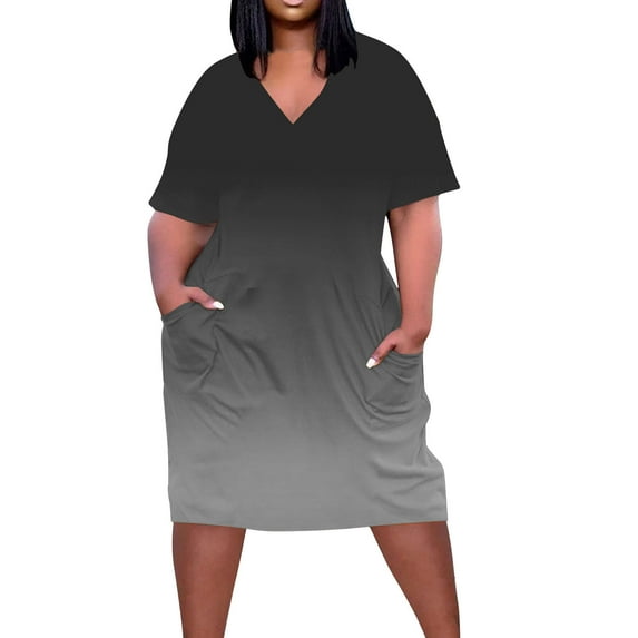 Lmnyox Plus Size Dress for Women V Neck Short Sleeve Midi Dress with Pocket Casual Loose T-shirt Dress