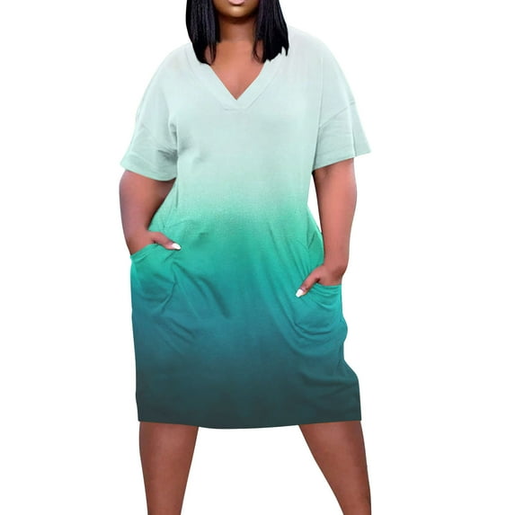 Lmnyox Plus Size Dress for Women V Neck Short Sleeve Midi Dress with Pocket Casual Loose T-shirt Dress