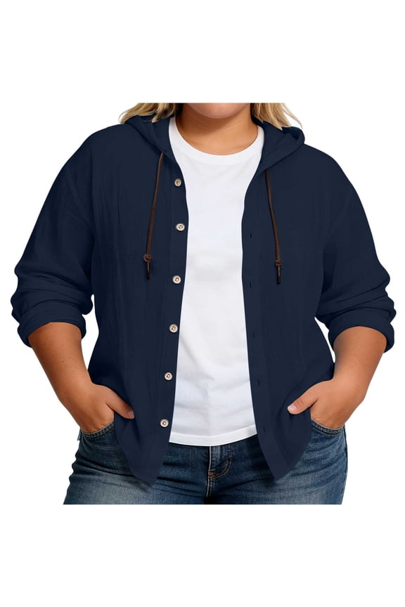 Plus Size Jacket for Women Lightweight Button Down Hooded Shirt Jacket Fashion Casual Hoodies Spring Outerwear