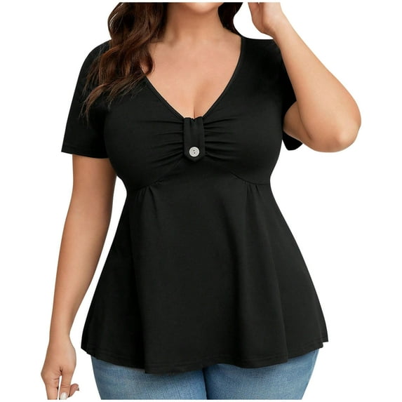 Lmnyox Plus Size Shirts for Women Dressy Casual V Neck Button Tunic Blouses Business Fashion Loose Tops