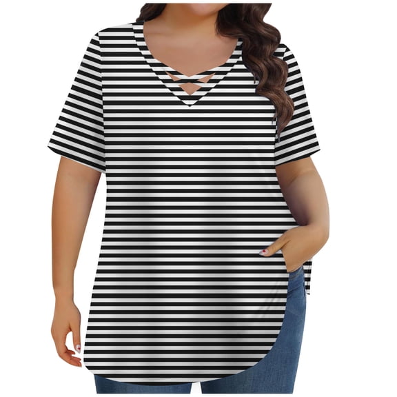 Lmnyox Plus Size Striped Tops Women's Oversized Cross V Neck Blouse Shirts Casual Short Sleeve Summer Tees