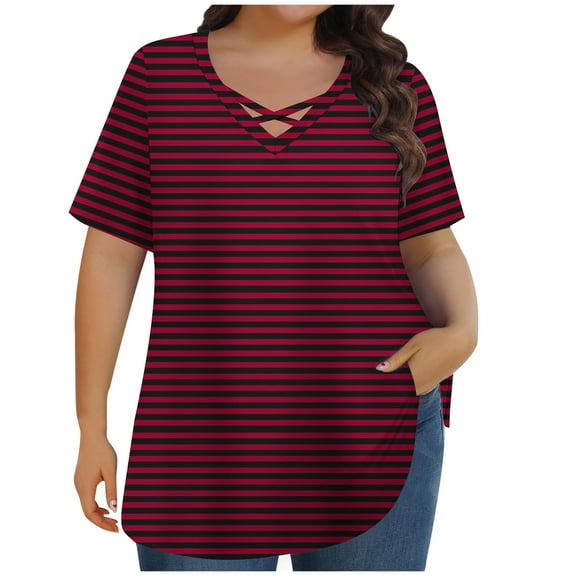 Lmnyox Plus Size Striped Tops Women's Oversized Cross V Neck Blouse Shirts Casual Short Sleeve Summer Tees