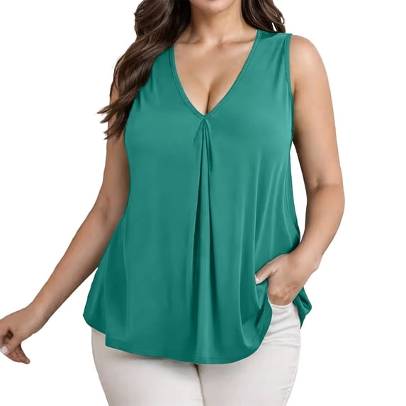 Lmnyox Plus Size Tops for Women Sleeveless V Neck Pleated Front Trendy Tank Shirts Dressy Fashion Solid Color Blouses