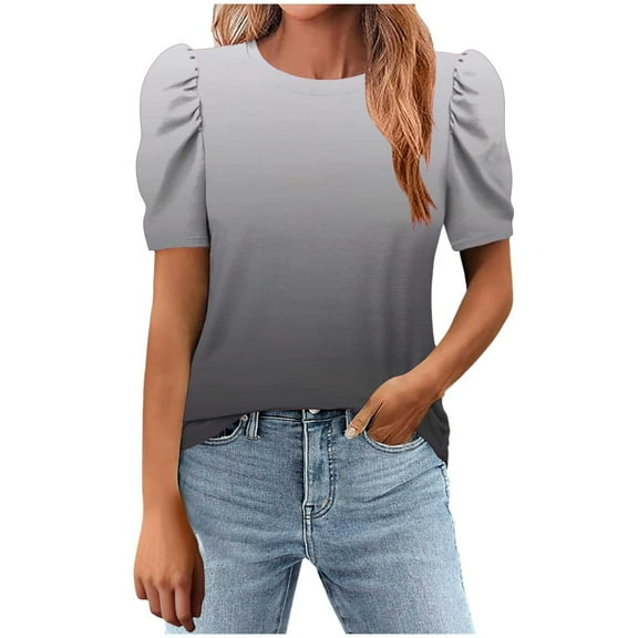 Lmnyox Puff Short Sleeve Tops for Women Gradient Crew Neck Summer Casual T Shirts 2025 Fashion Work Shirts