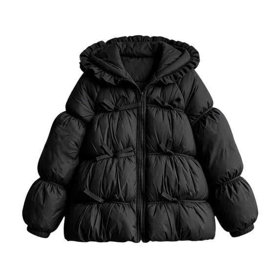 Lmnyox Puffer Jackets for Girls Fashion Plain Long Sleeve Ruffle Hooded Coats Thermal Windproof Puffy Outwears