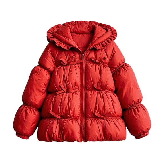 Lmnyox Puffer Jackets for Girls Fashion Plain Long Sleeve Ruffle Hooded Coats Thermal Windproof Puffy Outwears