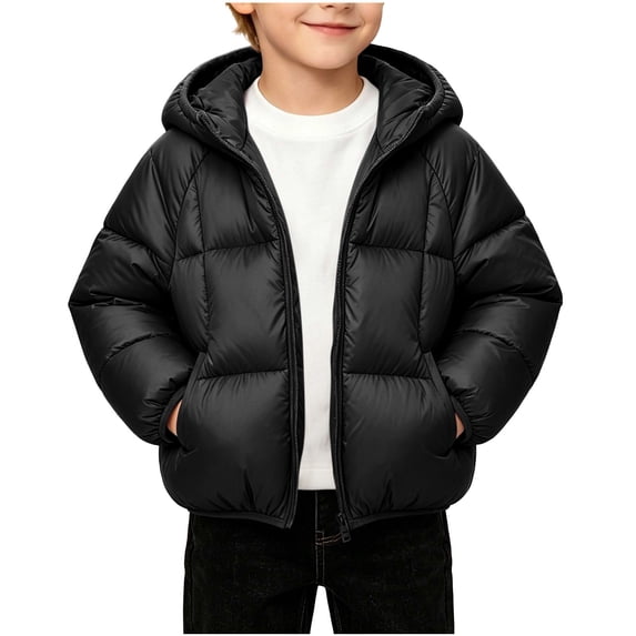 Lmnyox Puffer Jackets for Kids Plain Long Sleeve Full Zipper Hooded Coats Thermal Outdoor Jackets with Pockets