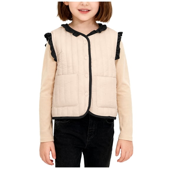 Lmnyox Puffer Vests for Girls Warm Cute Ruffle Trim Padded Jackets Casual Sleeveless Coats with Pockets