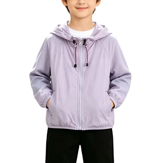 Lmnyox Rain Jackets for Kids Zip Up Long Sleeve Drawstring Hooded Coats Solid Color Outdoor Jackets with Pockets