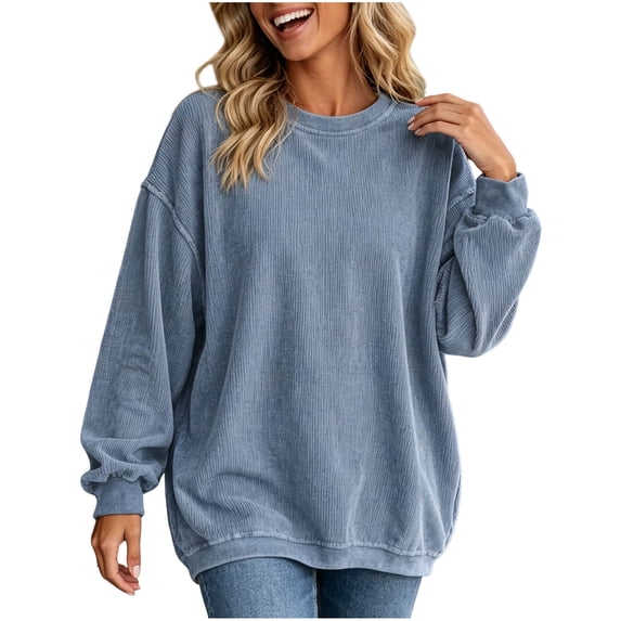 Lmnyox Ribbed Sweatshirts for Women Loose Crew Neck Oversized Pullover Fashion Casual Sweatshirts