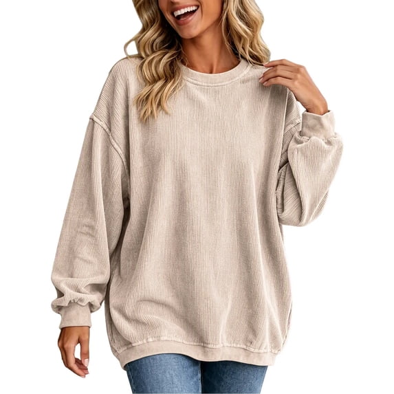 Lmnyox Ribbed Sweatshirts for Women Loose Crew Neck Oversized Pullover Fashion Casual Sweatshirts