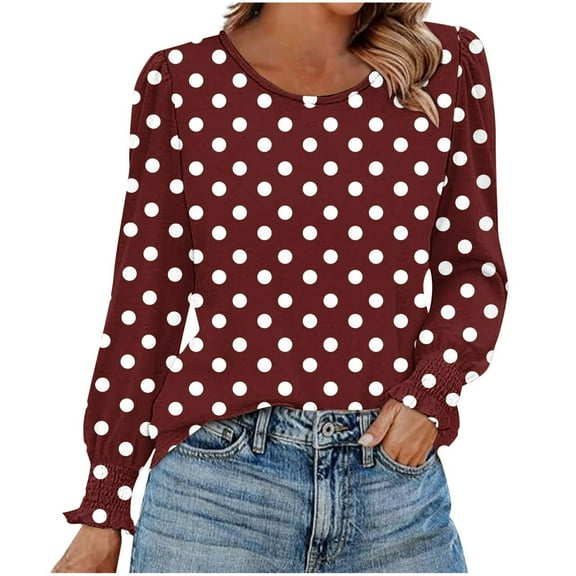 Lmnyox Ruffle Long Sleeve Shirt for Women Trendy Crew Neck Print Tunic Tops Fashion Casual Blouses Outfits