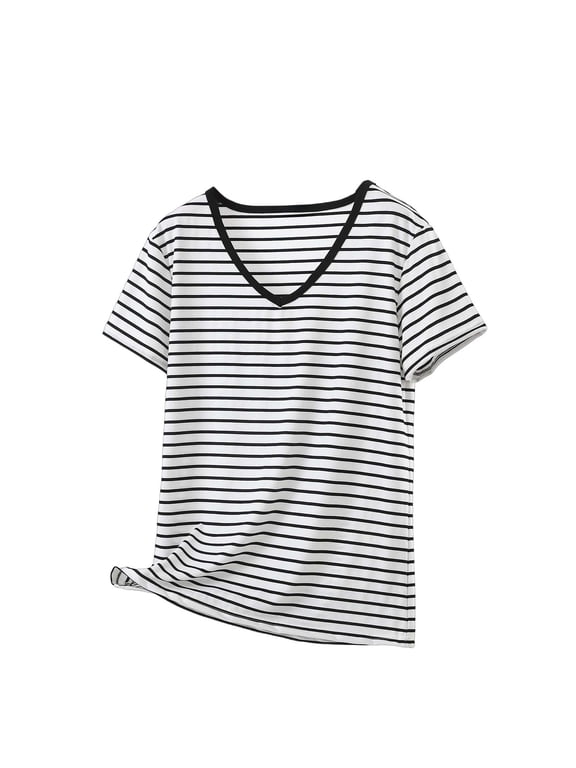Short Sleeve Basic Tee Womens Casual Loose Striped T Shirt Fashion Comfy V Neck Undershirts Tops for Women