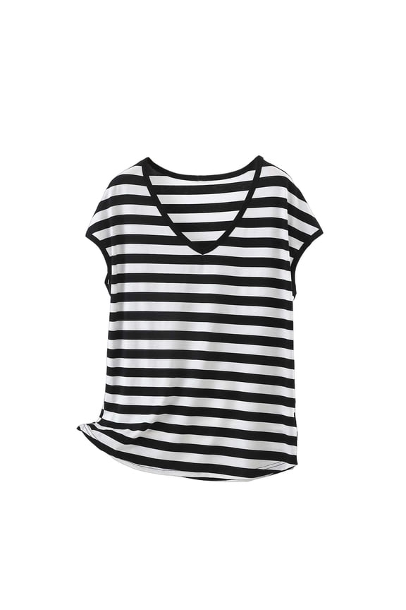 Short Sleeve Basic Tee Womens Casual Loose Striped T Shirt Fashion Comfy V Neck Undershirts Tops for Women