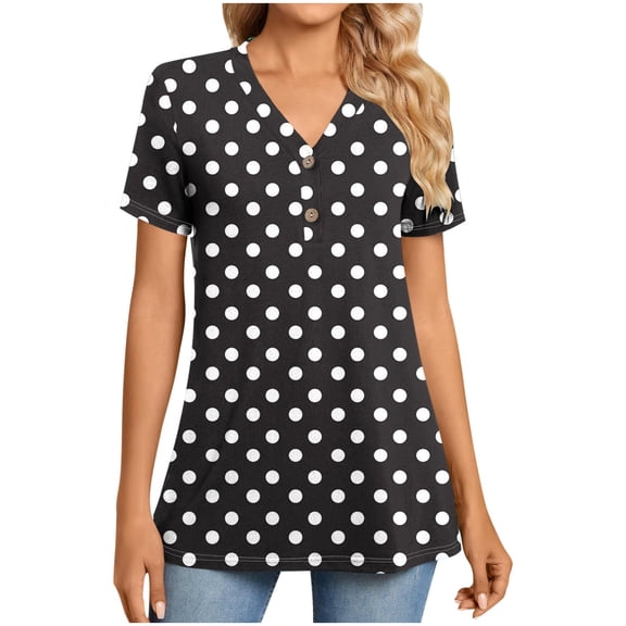 Lmnyox Short Sleeve Print Shirts for Women Loose Flowy Button V Neck Tunic Tops Summer Trendy Casual Blouses