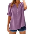 thumbnail image 1 of Lmnyox Short Sleeve Summer Tops for Women V Neck Button Side Slit Fashion Shirts Casual Loose Beach Vacation Blouses, 1 of 7