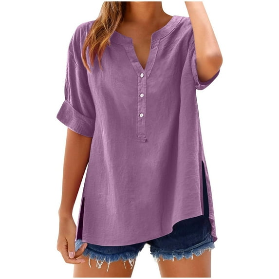 Lmnyox Short Sleeve Summer Tops for Women V Neck Button Side Slit Fashion Shirts Casual Loose Beach Vacation Blouses