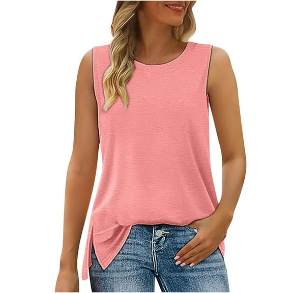 Lmnyox Sleeveless Summer Tops Loose Basic Crew Neck Side Slit Tank Shirts Casual Fashion Solid Color T Shirts