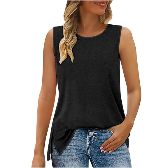 Lmnyox Sleeveless Summer Tops Loose Basic Crew Neck Side Slit Tank Shirts Casual Fashion Solid Color T Shirts