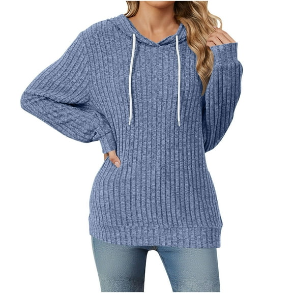 Lmnyox Solid Drawstring Hoodies for Women Fashion Ribbed Long Sleeve Hooded Sweatshirt Casual Pullover Tops
