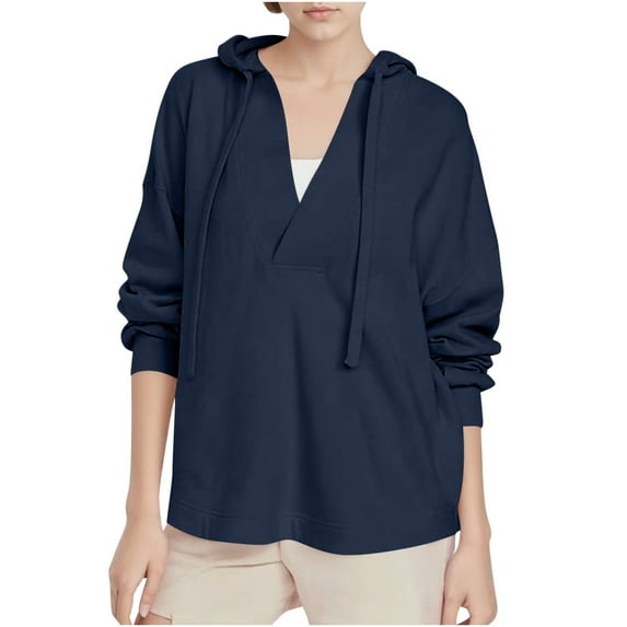 Lmnyox Solid Fashion Hoodies for Women Lightweight Long Sleeve V Neck Drawstring Sweatshirts Casual Athletic Pullover