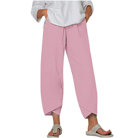 Lmnyox Straight Leg Capris for Women Summer Fashion Elastic Waist Cropped Pants Loose Casual Capri Pants with Pocket