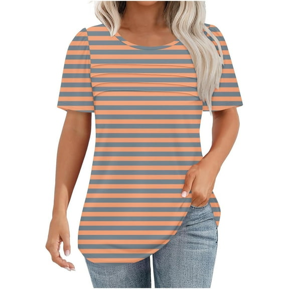 Lmnyox Striped Blouses for Women Casual Short Sleeve Crew Neck Loose Summer Shirts Fashion Tunic Tops 2025