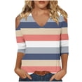 thumbnail image 1 of Lmnyox Striped T Shirt for Women Cold Summer Shoulder Blouse Loose Casual Long Sleeve V Neck Tunic Tops, 1 of 5