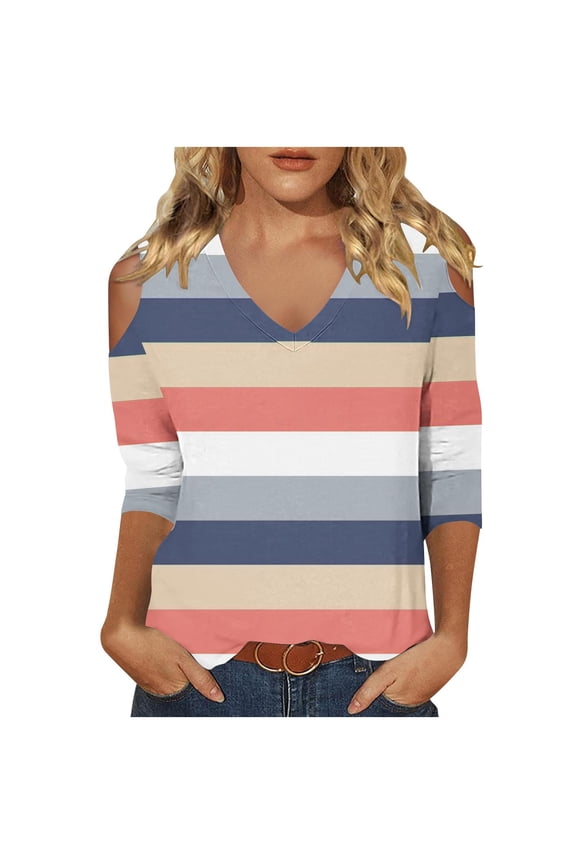 Striped T Shirt for Women Cold Summer Shoulder Blouse Loose Casual Long Sleeve V Neck Tunic Tops