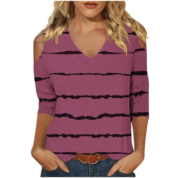Lmnyox Striped T Shirt for Women Cold Summer Shoulder Blouse Loose Casual Long Sleeve V Neck Tunic Tops