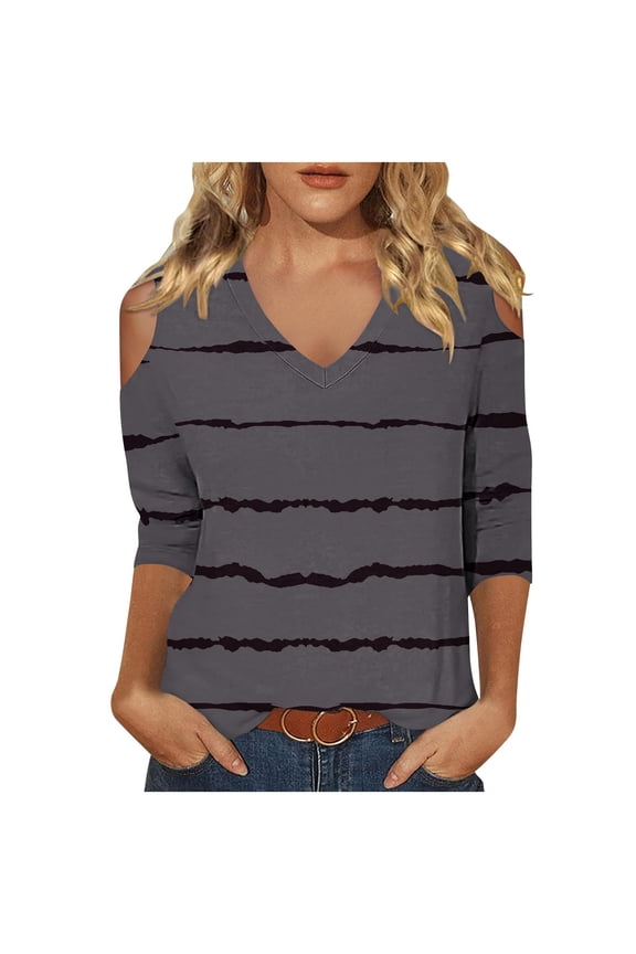 Striped T Shirt for Women Cold Summer Shoulder Blouse Loose Casual Long Sleeve V Neck Tunic Tops