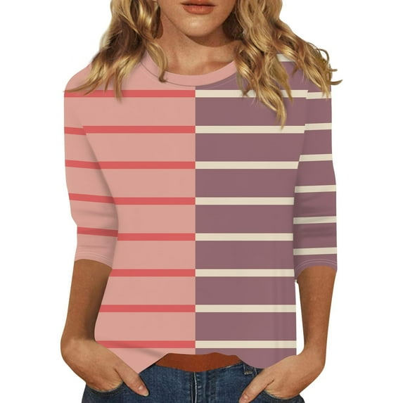 Lmnyox Striped T Shirt for Women Crew Neck 3/4 Sleeve Tunic Tops Summer Casual Shirts Trendy Clothes