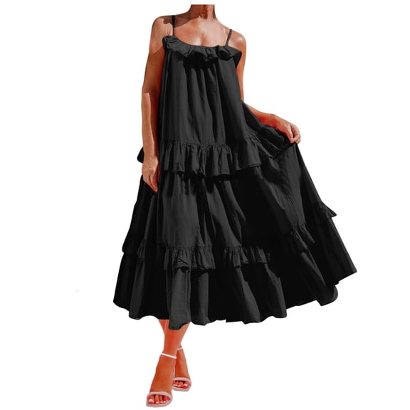Lmnyox Summer Bohemian Dress for Women Spaghetti Strap Maxi Dress A Line Long Vacation Beach Dress