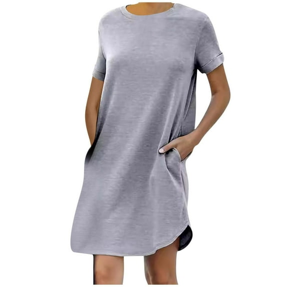 Lmnyox Summer Casual Dress for Women Short Sleeve Crew Neck Midi Dress with Pocket Loose Vacation Dresses