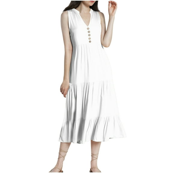 Lmnyox Summer Casual Maxi Dress for Women Sleeveless Round Neck Long Dress Flowy Vacation Beach Sundress