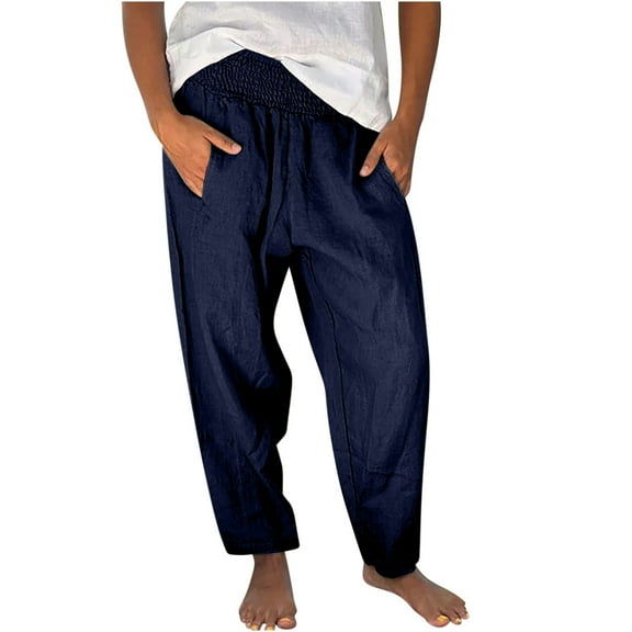 Lmnyox Summer Casual Pants for Women Elastic High Waist Lounge Pants with Pocket Lightweight Beach Pants